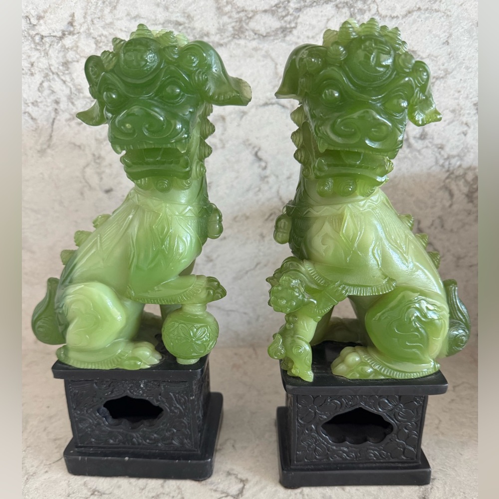 2 Faux Jade Jadeite Green Foo Dog Statues VINTAGE